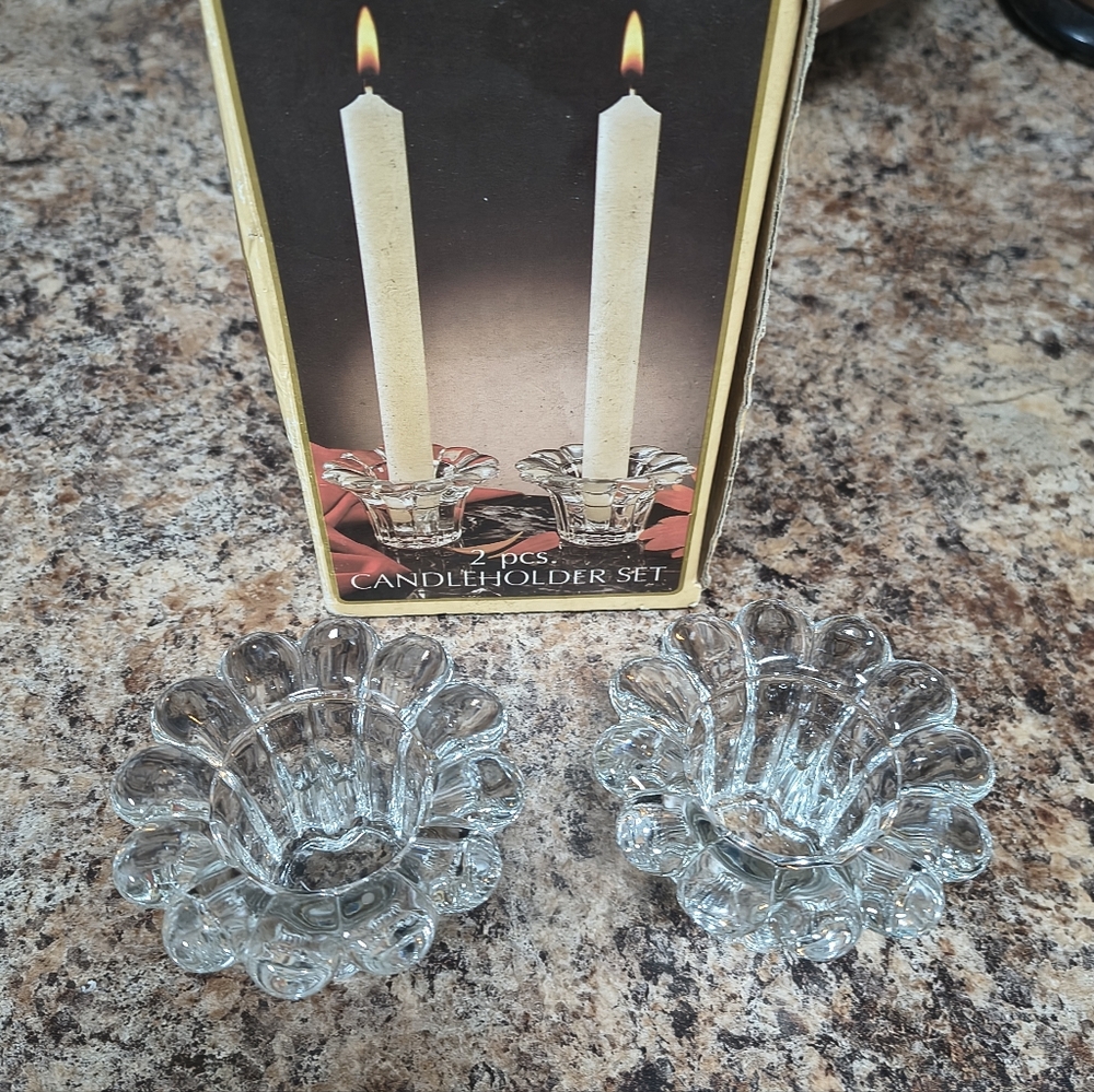Vintage Made in Italy Crystal Glass Lotus Flower Taper Candle Holder Set of 2